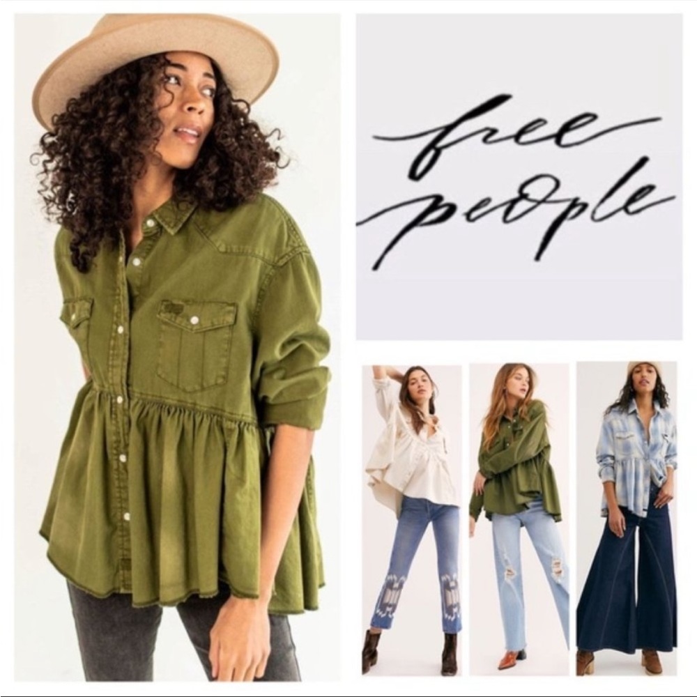 Free People Olive Green Peplum Button-Up Shirt